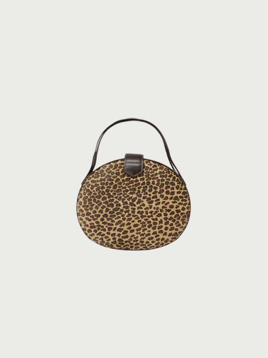 Loewe 2000s Brown Leather Suede Leopard Round Handbag
