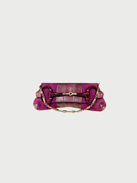 Gucci 2000s Purple Suede Python Horsebit Clutch Bag