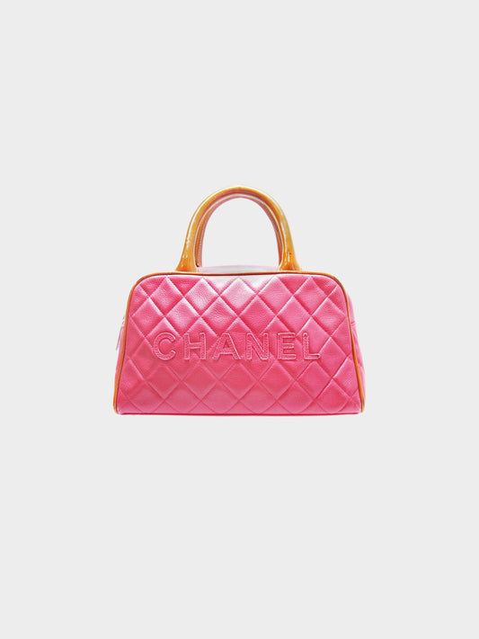 Chanel 2000-2002 Pink Quilted Caviar Leather and Brown Patent Boston Bag