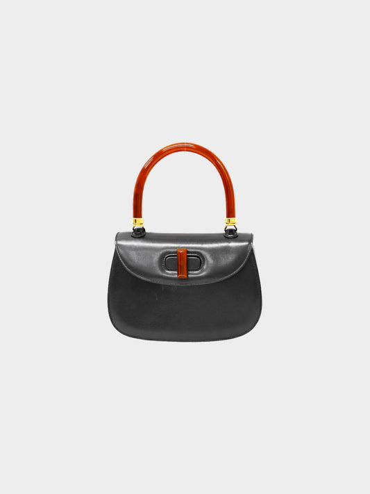 Gucci 1990s Black Leather Tortoiseshell 1947 Top Handle Bag
