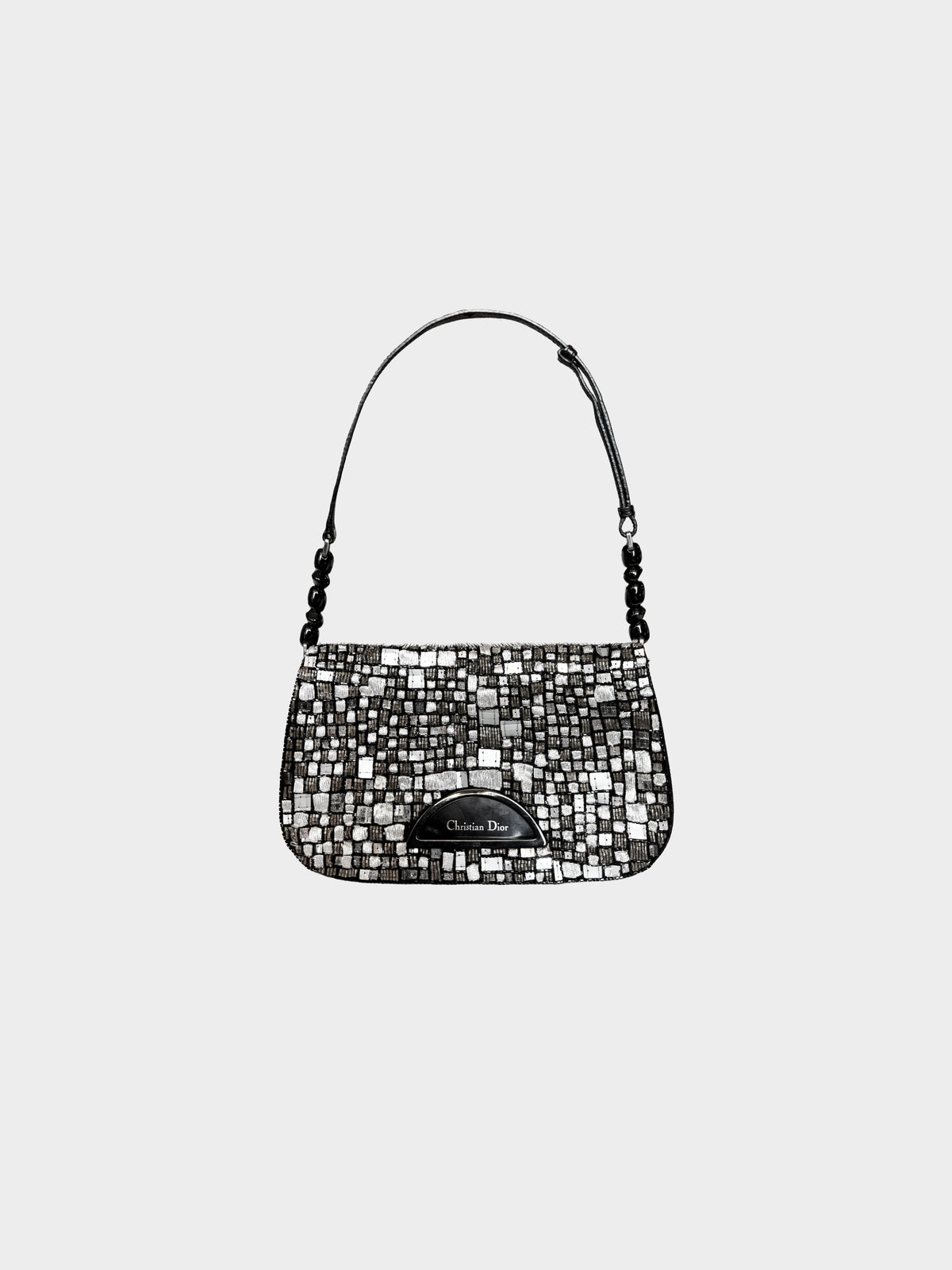 Christian Dior 1999 Black and Silver Beaded Calf Hair Maris Pearl Shoulder Bag