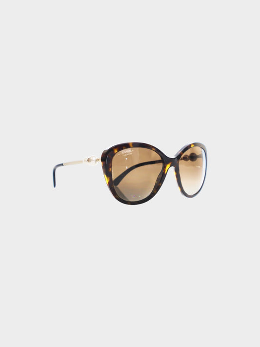 Chanel 2000s Tortoise CC and Pearl-Embellished Cat Eye Sunglasses