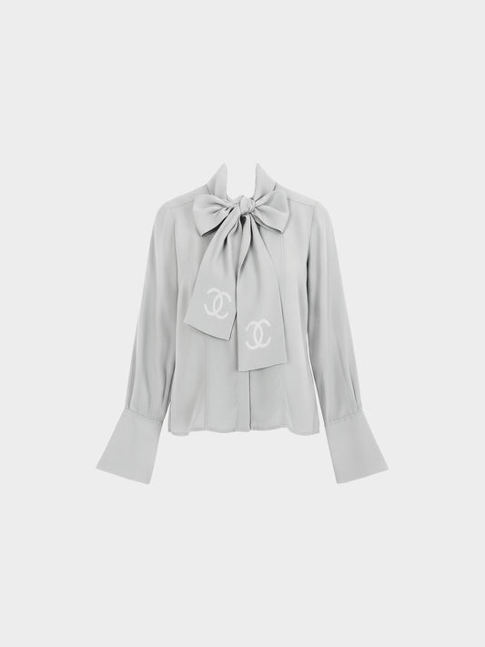 Chanel 1980s-1990s Grey Silk CC Ascot Blouse
