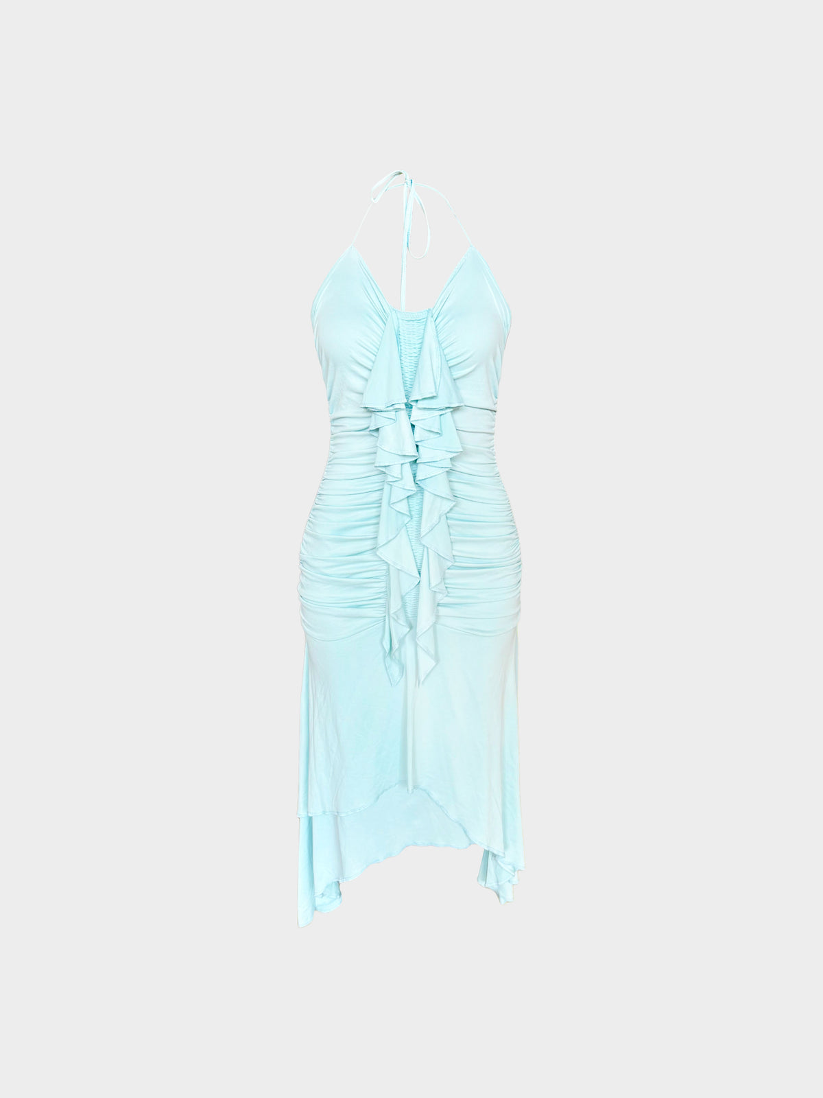 Emanuel Ungaro 2000s Light Blue Gathered and Ruffled Halter Neck Dress