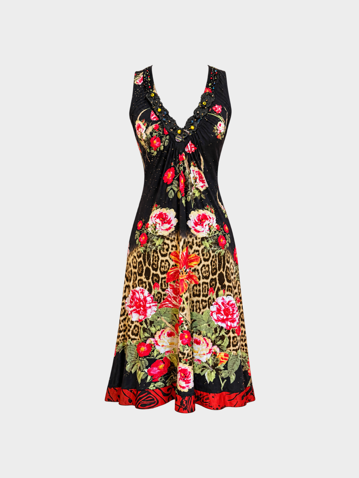 Roberto Cavalli Class SS 2002 Multicolor Leopard Floral Print Beaded Midi Dress