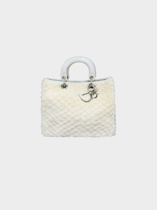 Christian Dior 2008 Ivory White Rabbit Fur Lady Dior Hand Bag