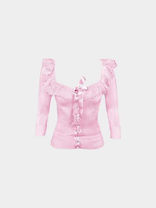 Valentino 2000s Pink Knitted Lace-up Blouse with Ruffled Lace