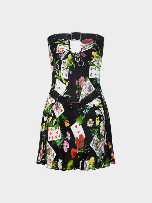 Christian Dior FW 2002 Black Cards and Floral Print Bustier Silk Dress