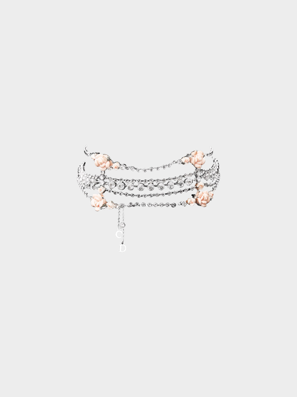 Christian Dior by John Galliano Early 2000s Silver Multistrand Floral and Rhinestone-embellished Choker Necklace