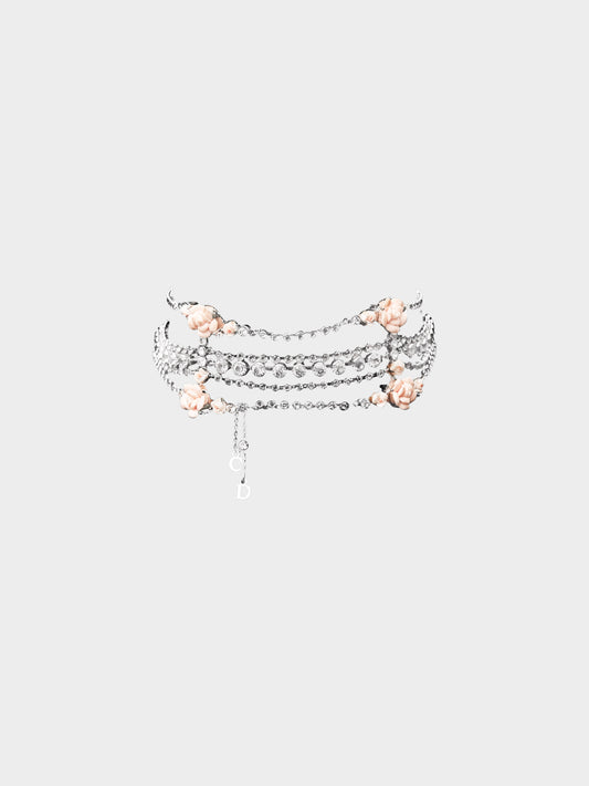 Christian Dior by John Galliano Early 2000s Silver Multistrand Floral and Rhinestone-embellished Choker Necklace