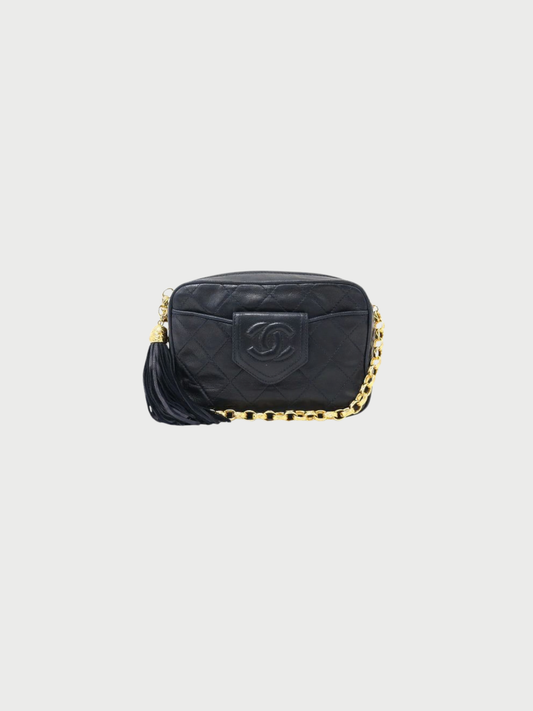 Chanel 1990s Navy Lambskin Matelassé Tassel Chain Shoulder Bag