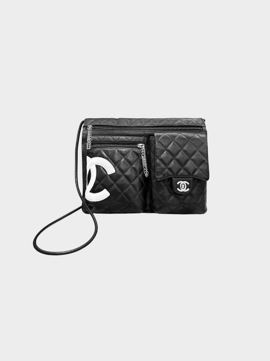 Chanel 2004-2005 Black Calfskin Cambon Ligne Multi Pocket Shoulder Bag
