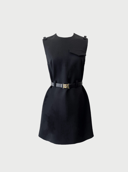Prada 2020s Black Wool Belted Mini Dress