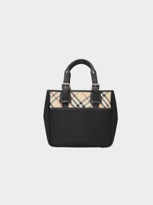 Burberry 2000s Black Beige Check Nylon Leather Handbag
