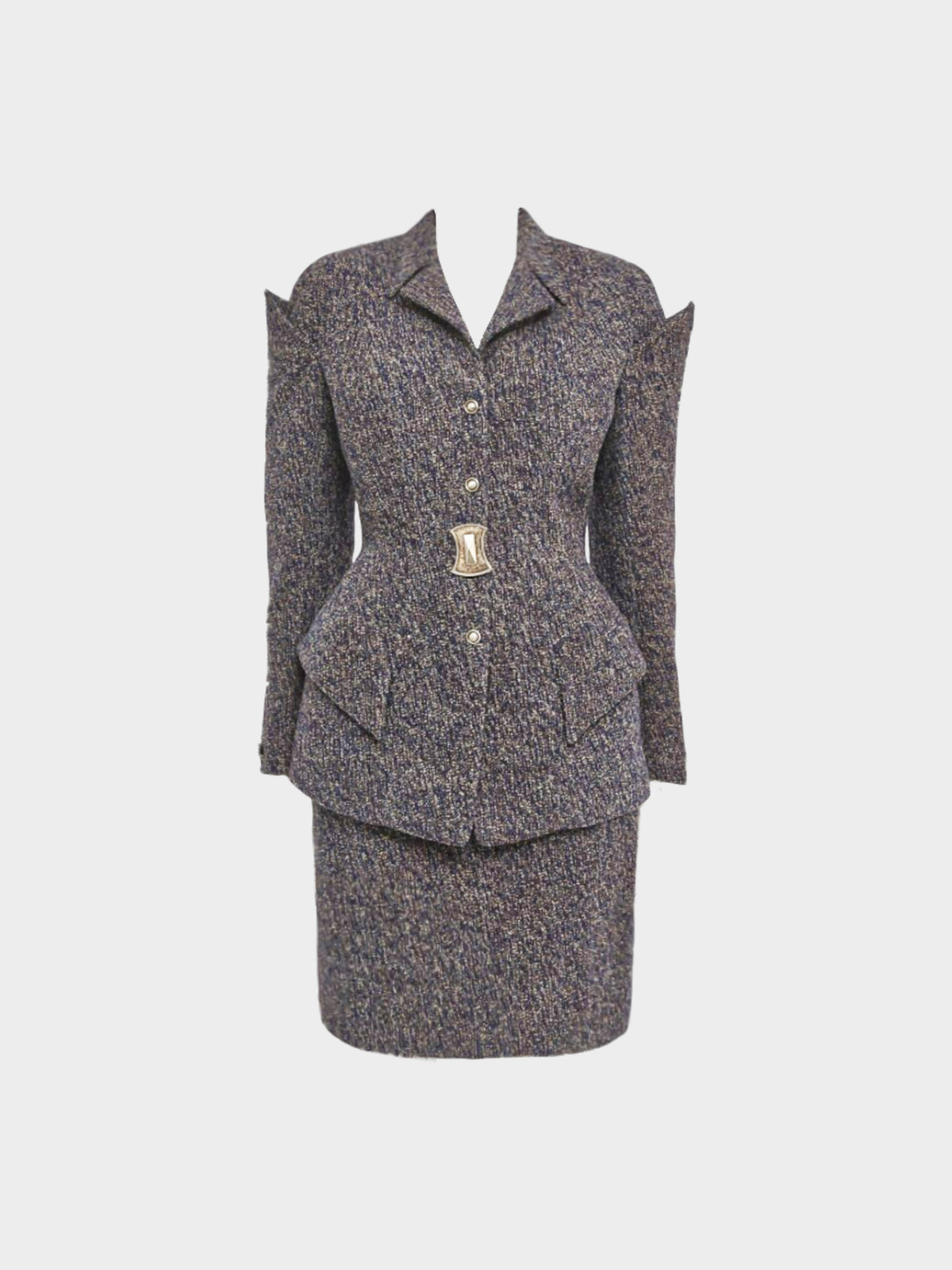 Thierry Mugler 1990s Blue and Grey Fitted Blazer and Skirt Set
