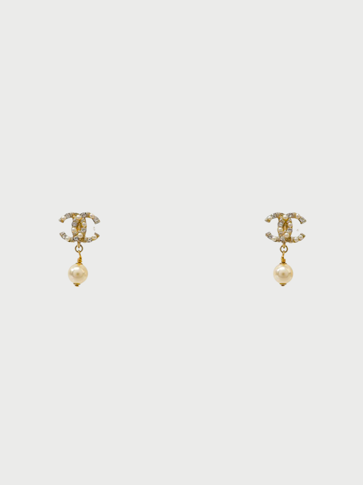 Chanel 2010s Gold Plated Metal Pearl Rhinestone CC Logo Earrings