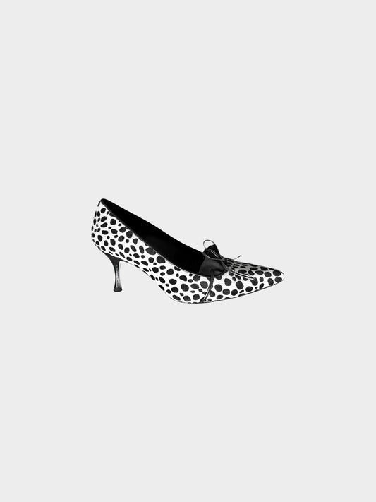 Manolo Blahnik 2000s White and Black Animal Print Pony Hair Pointed Pumps
