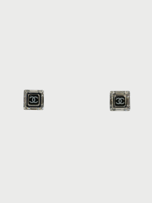 Chanel 2000s Black Silver COCO Square Earrings