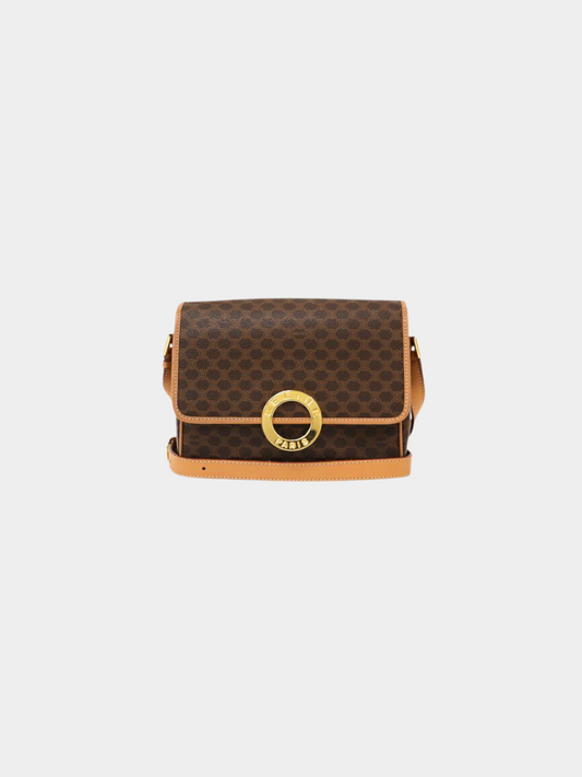 Celine 1990s Brown Macadam Circle Logo Hardware Shoulder Bag