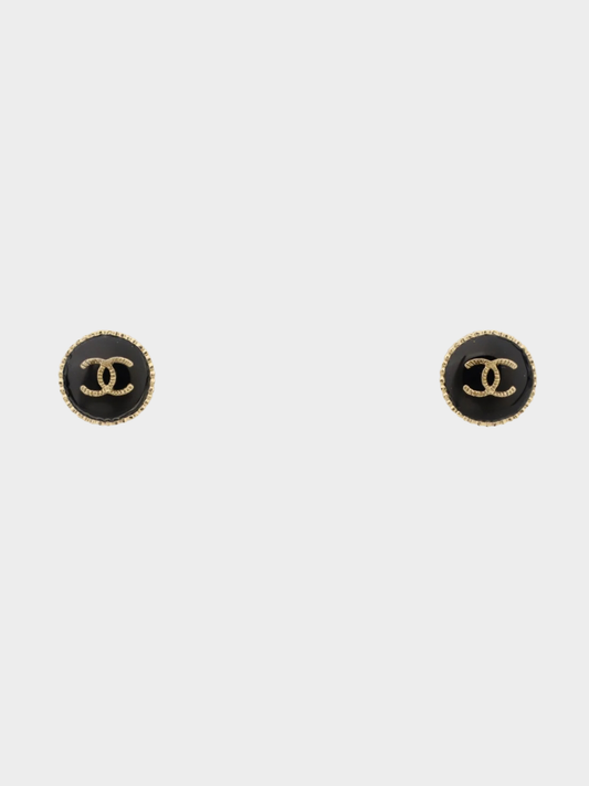 Chanel 2021 Black Gold Coco Round Earrings