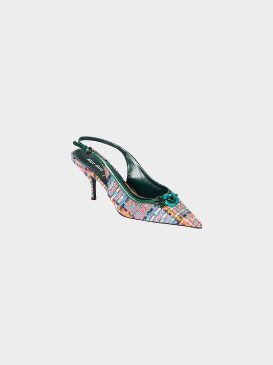 Miu Miu 2000s Multicolor Tweed and Green Leather Slingback Heels