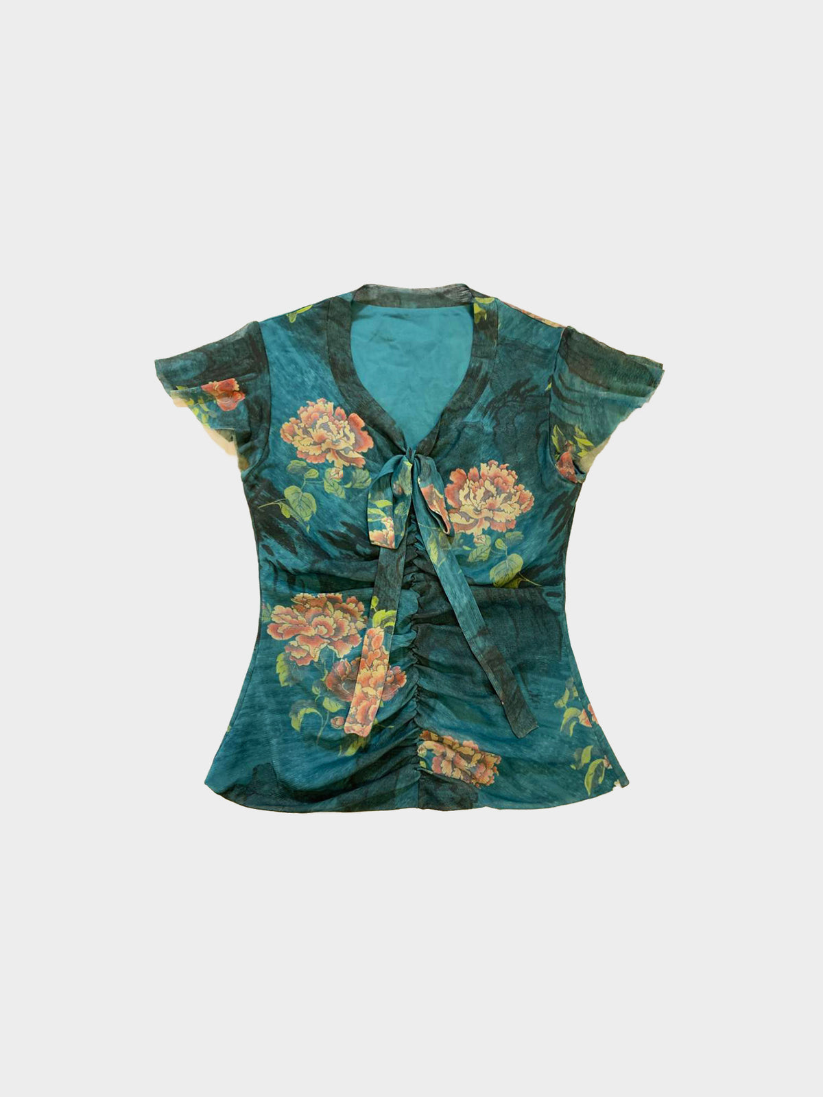 Vivienne Tam 1990s Archival Cut and Sew Floral Print Mesh Top