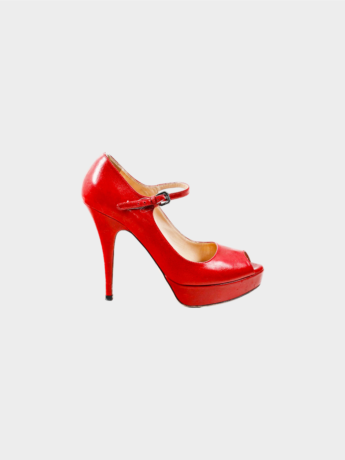 Prada 2010s Red Leather Mary Jane Peeptoe Platform Pumps