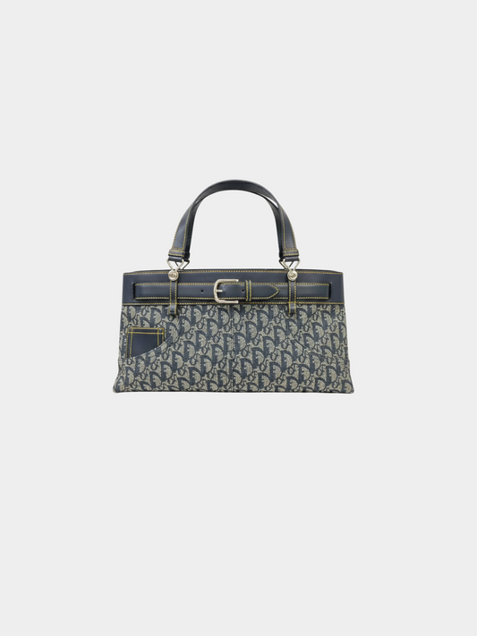 Christian Dior 2000s Navy Trotter Canvas and Leather Handbag