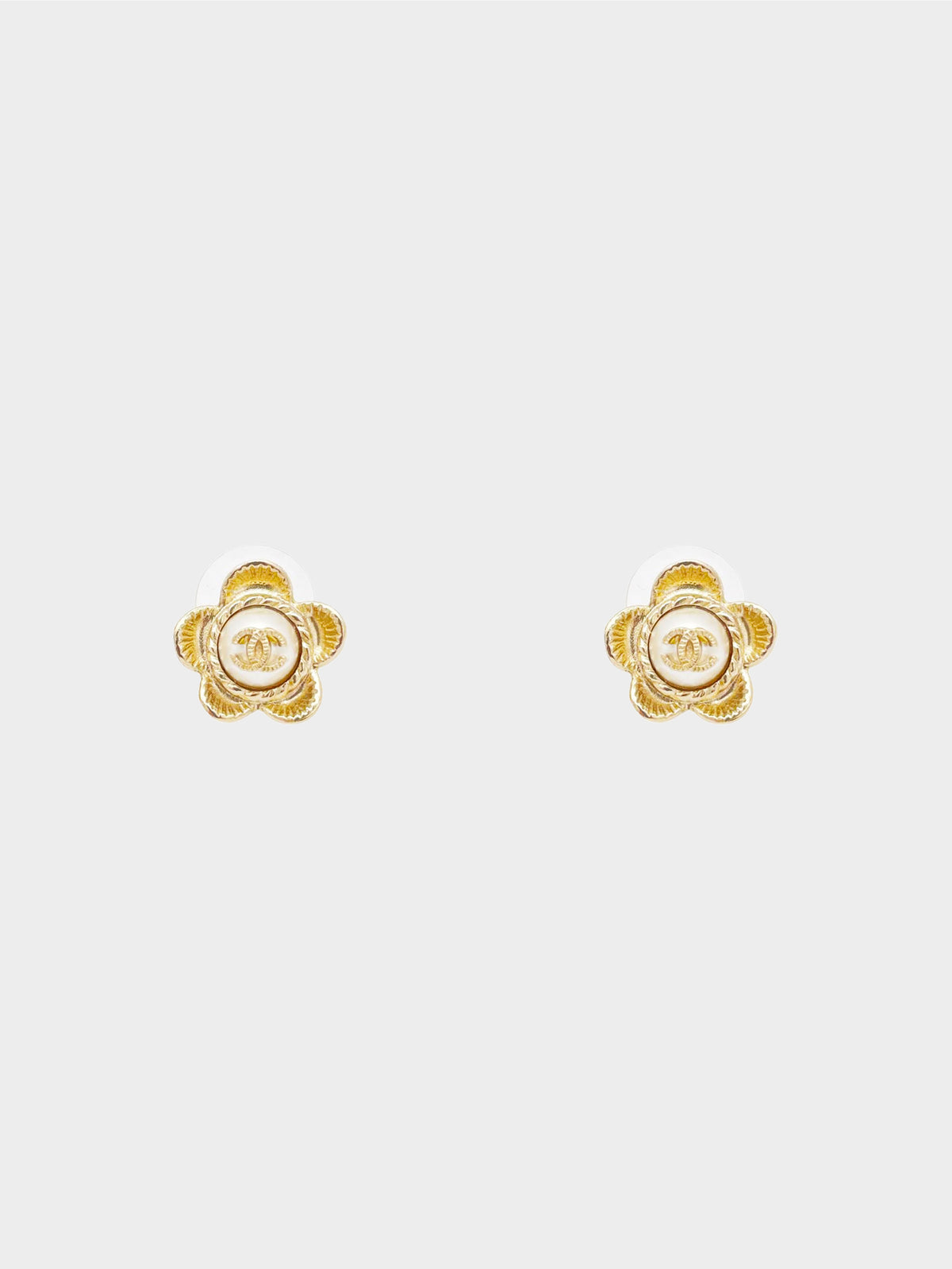 Chanel 2017 Champagne Gold Faux Pearl CC Flower Stud Earrings