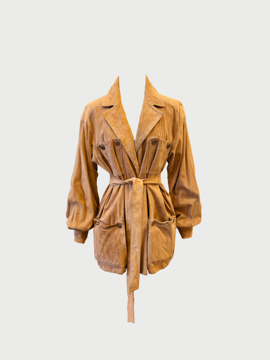 Celine 1980s Tan Suede Safari Jacket with Belt