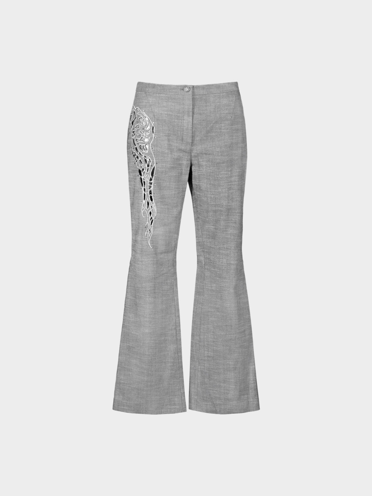 Thierry Mugler 2000s Grey Wool Embroidered Flared Pants