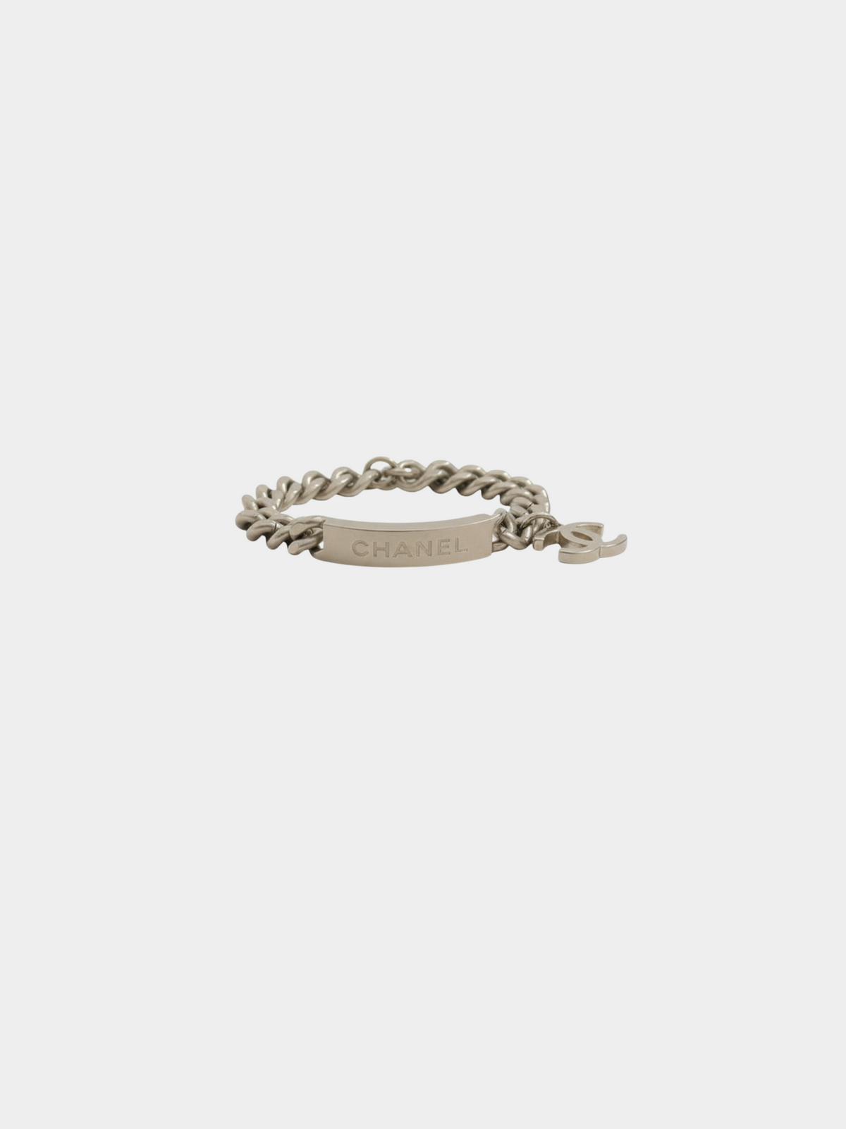 Chanel 2000s Silver Logo Plate Chain Bracelet