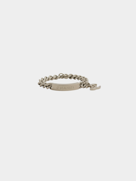 Chanel 2000s Silver Logo Plate Chain Bracelet