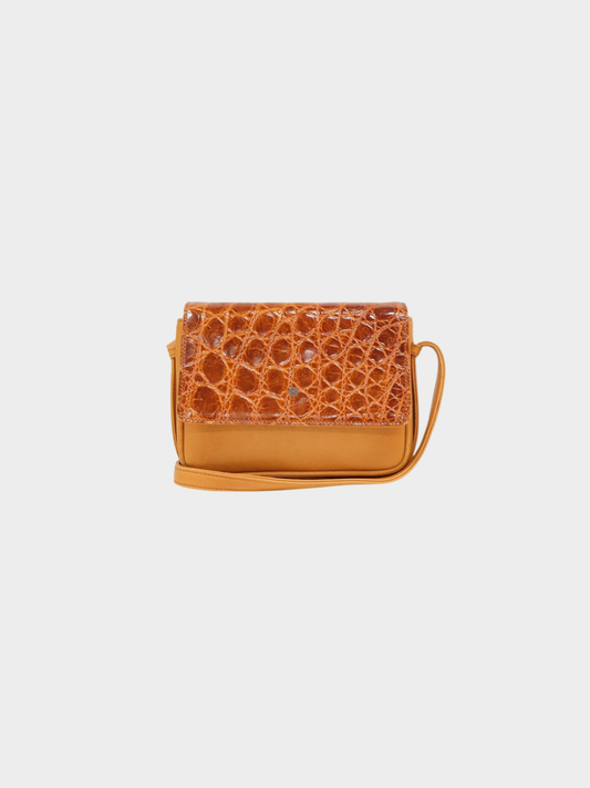 Loewe 2000s Brown Croc-Embossed Leather Anagram Shoulder Bag