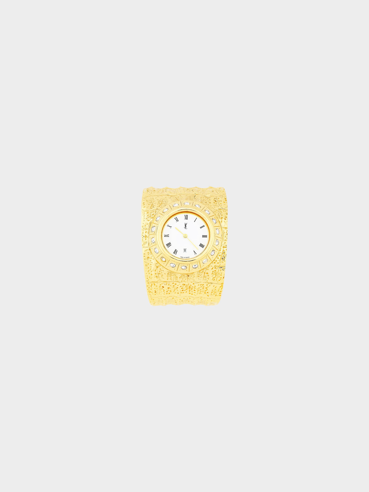 Yves Saint Laurent 1990s Gold Crocodile Pattern Watch Cuff Bracelet