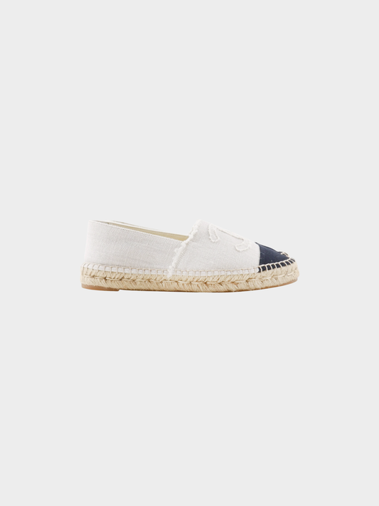 Chanel 2020s White Black Coco Mark Espadrilles Slip-Ons