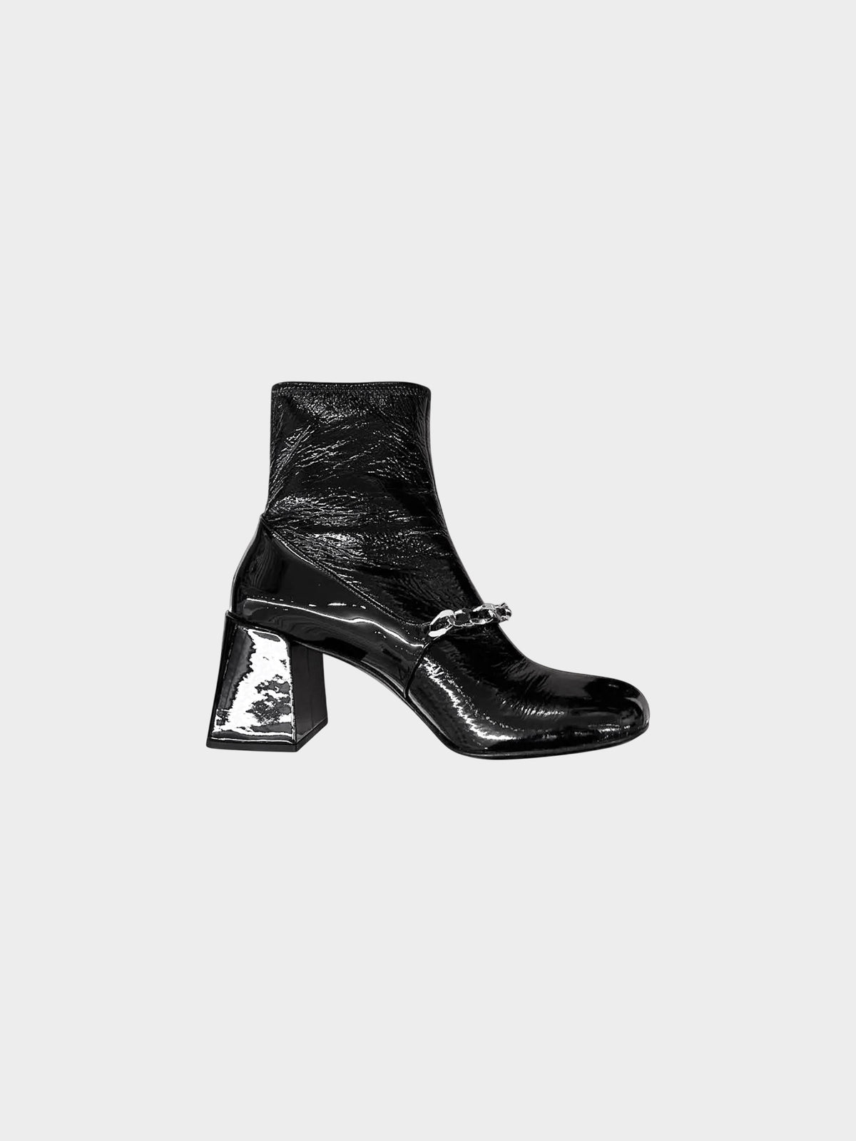 Miu Miu 2020s Black Patent Leather Chain-Link and Faux Pearl Accent Ankle Boots