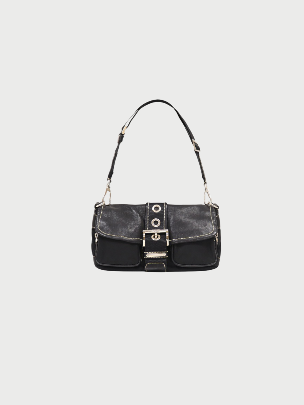 Prada 2000s Black Nylon Leather Triangle Logo Shoulder Bag