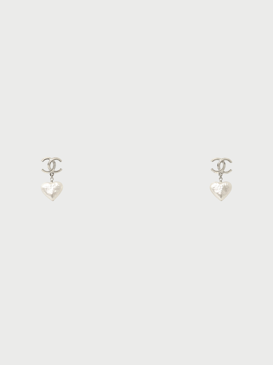 Chanel 2000s Gold Plated Metal Pearl Coco Heart Earrings