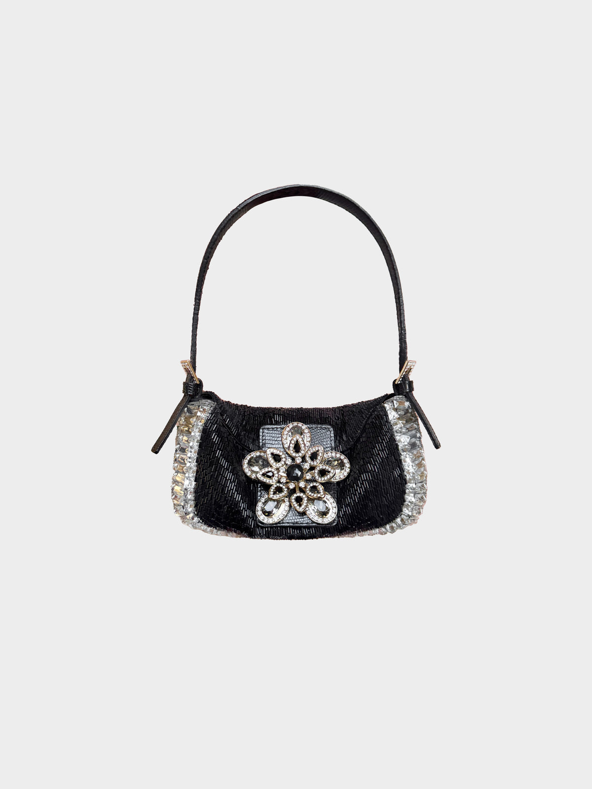 Valentino 2000s Black Beaded Flower and Rhinestone Bag