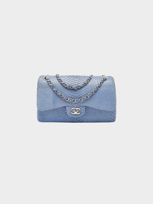 Chanel 2013-2014 Powder Blue Python Leather Jumbo Classic Double Flap Bag