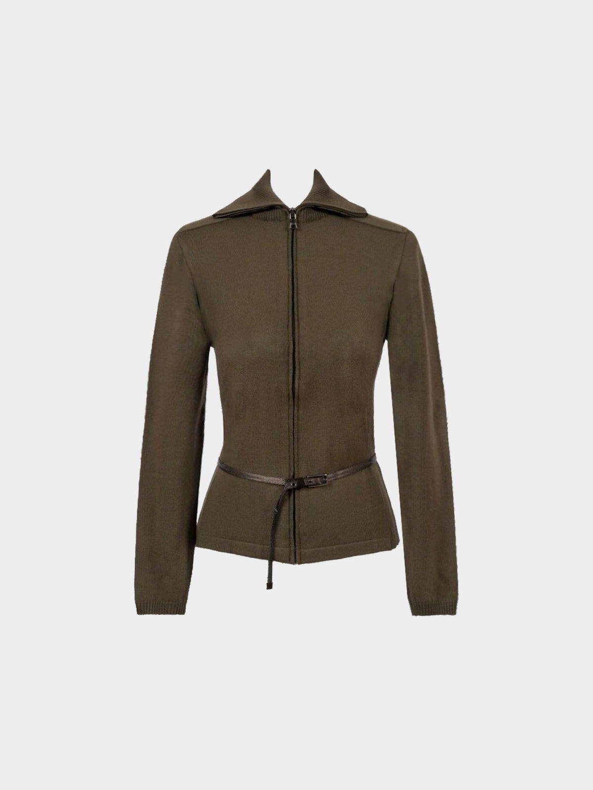 Prada Sport 2000s Khaki Wool Zip-up Jacket with Brown Belt