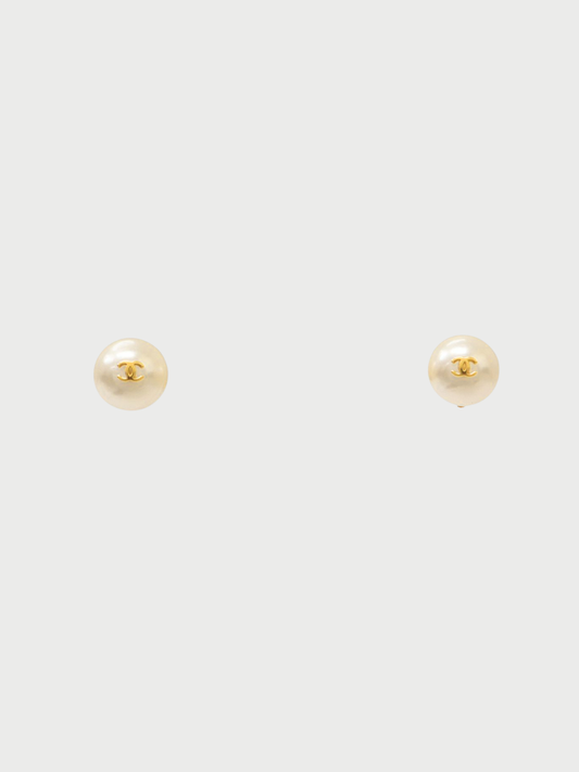 Chanel 1990s Gold Plated Metal Pearl COCO Earrings
