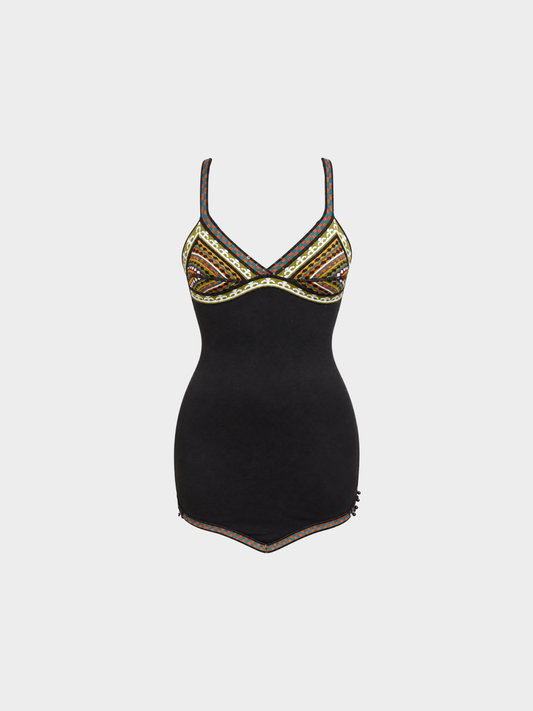 Jean Paul Gaultier Maille 2000s Multicolor Bohemian Embroidered Knit Halter Mini Dress