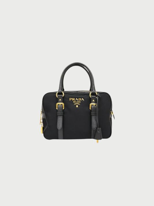 Prada 2000s Black Nylon Leather Logo Hardware Handbag
