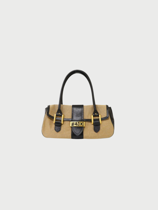 Fendi 2000s Beige Black Canvas Leather Zucca Logo Hardware Handbag
