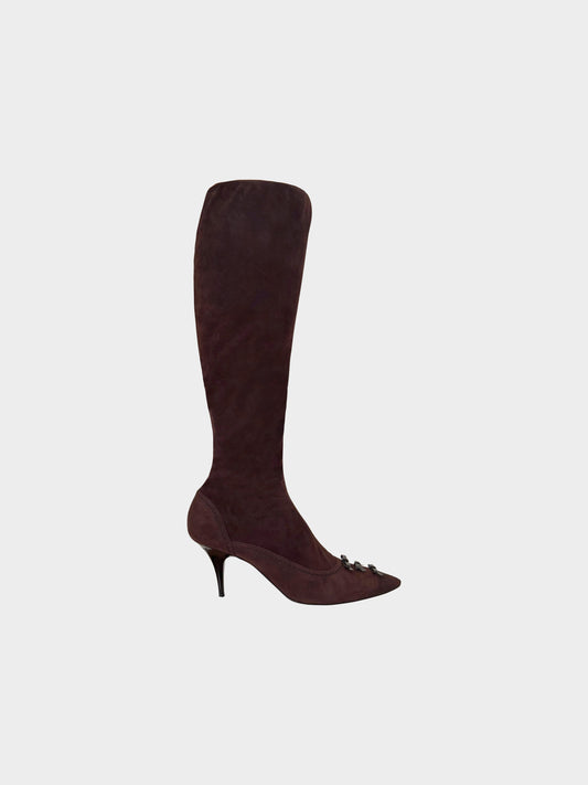 Louis Vuitton 2000s Brown Suede Long Boots with Patent Leather Bow Details