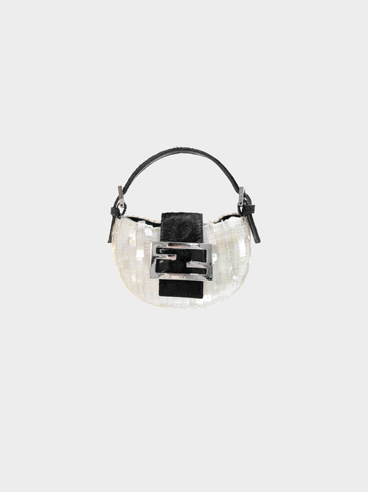 Fendi 1990s Ivory Sequins and Beads with Black Pony Hair Mini Croissant Bag