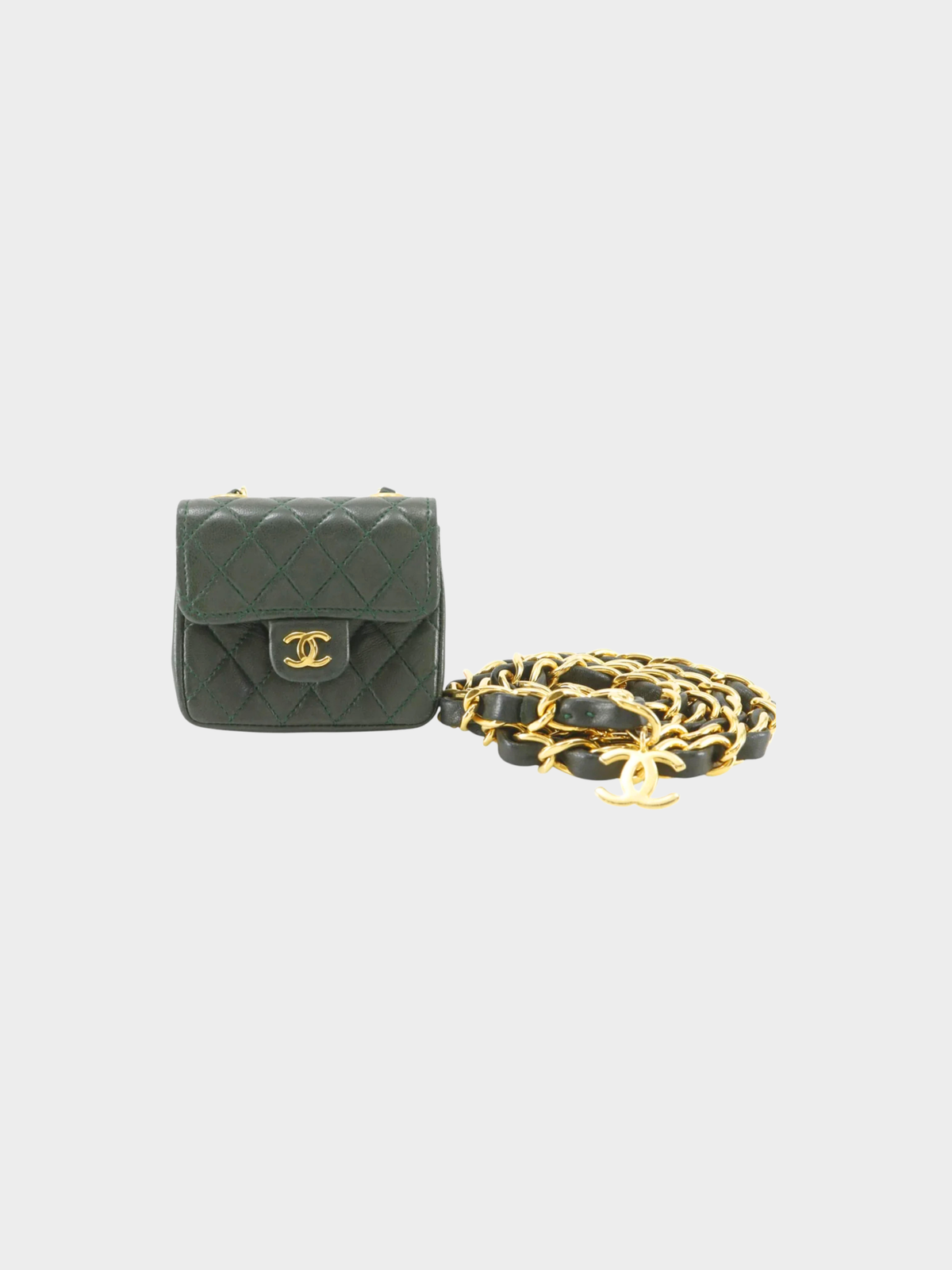 Chanel 2000s Green Lambskin Micro Matelassé Charm Chain Belt