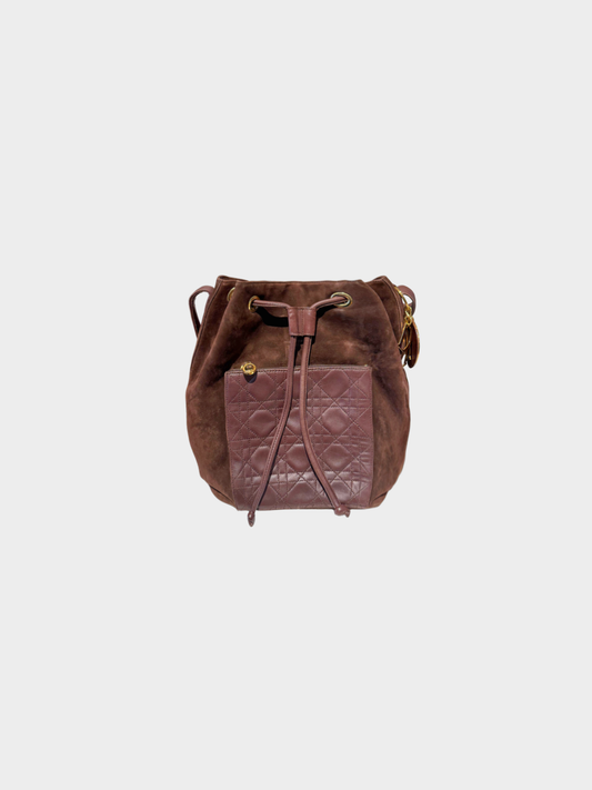 Christian Dior 2000s Dark Brown Suede Cannage Drawstring Bucket Bag